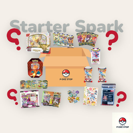 Starter Spark abonnement bij De Poké Stop - Een instapmodel Pokémon TCG abonnement met trading card booster packs, accessoires en merchandise voor beginnende verzamelaars en jonge Pokémon-fans. Dit pakket bevat zorgvuldig samengestelde Pokémon items, ideaal voor nieuwe verzamelaars en spelers van de Pokémon Trading Card Game.