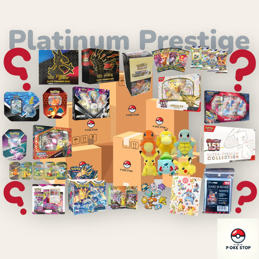 Platinum Prestige abonnement van De Poké Stop - Het meest exclusieve Pokémon TCG abonnement, met premium booster packs, zeldzame Pokémon kaarten, gelimiteerde merchandise, exclusieve accessoires en verzamelobjecten. Dit abonnement is perfect voor serieuze Pokémon-verzamelaars en TCG-spelers die hun collectie willen uitbreiden met zeldzame en waardevolle kaarten.