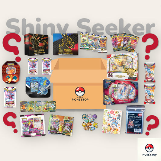 Shiny Seeker abonnement van De Poké Stop - Een betaalbaar Pokémon TCG abonnement voor beginnende verzamelaars. Bevat booster packs, zeldzame kaarten, Pokémon accessoires en merchandise. Dit abonnement is ideaal voor Pokémon-trainers die op zoek zijn naar zeldzame Shiny kaarten en exclusieve verzamelobjecten zonder te veel te betalen